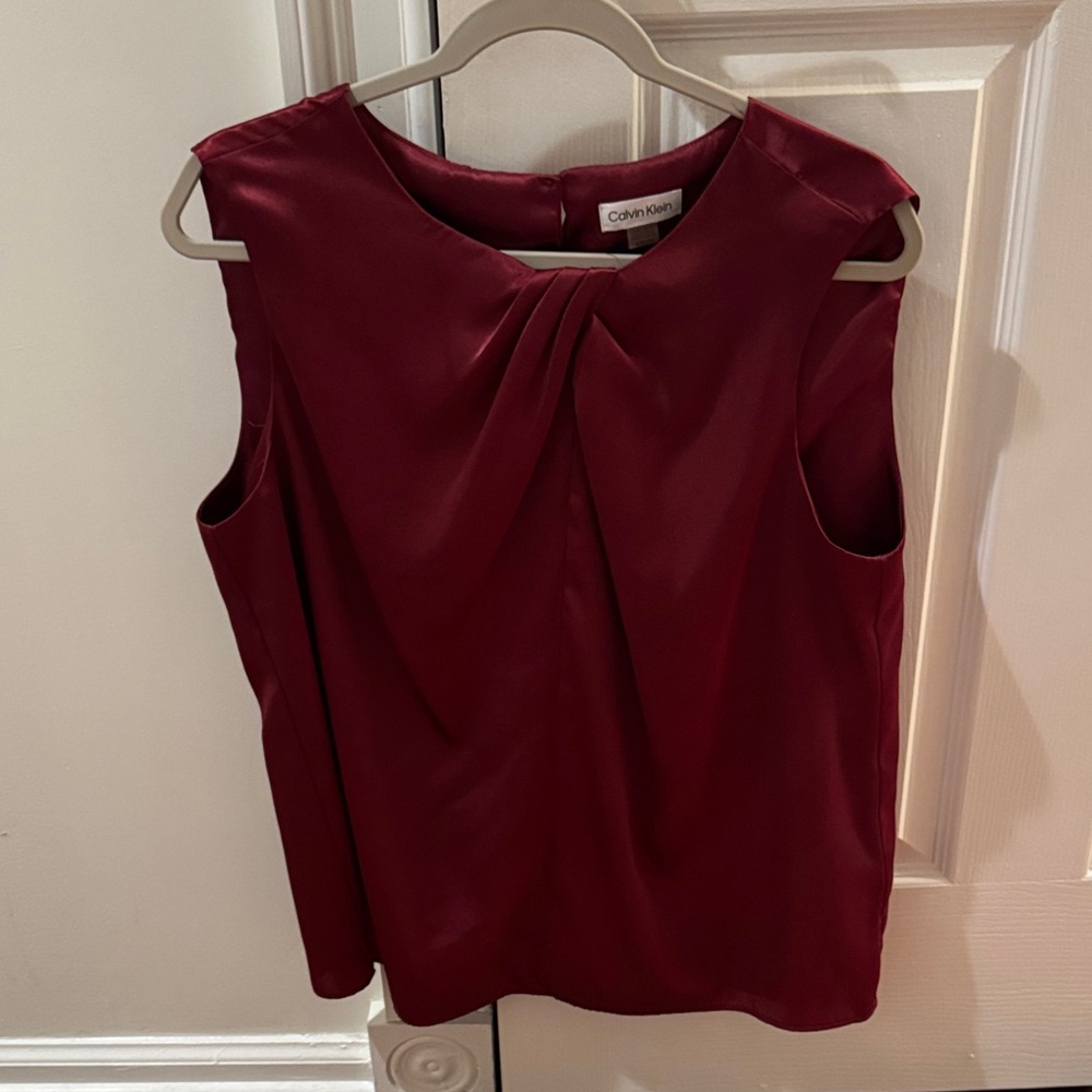 Calvin Klein Sleeveless Pleat-Front Blouse — Burgundy